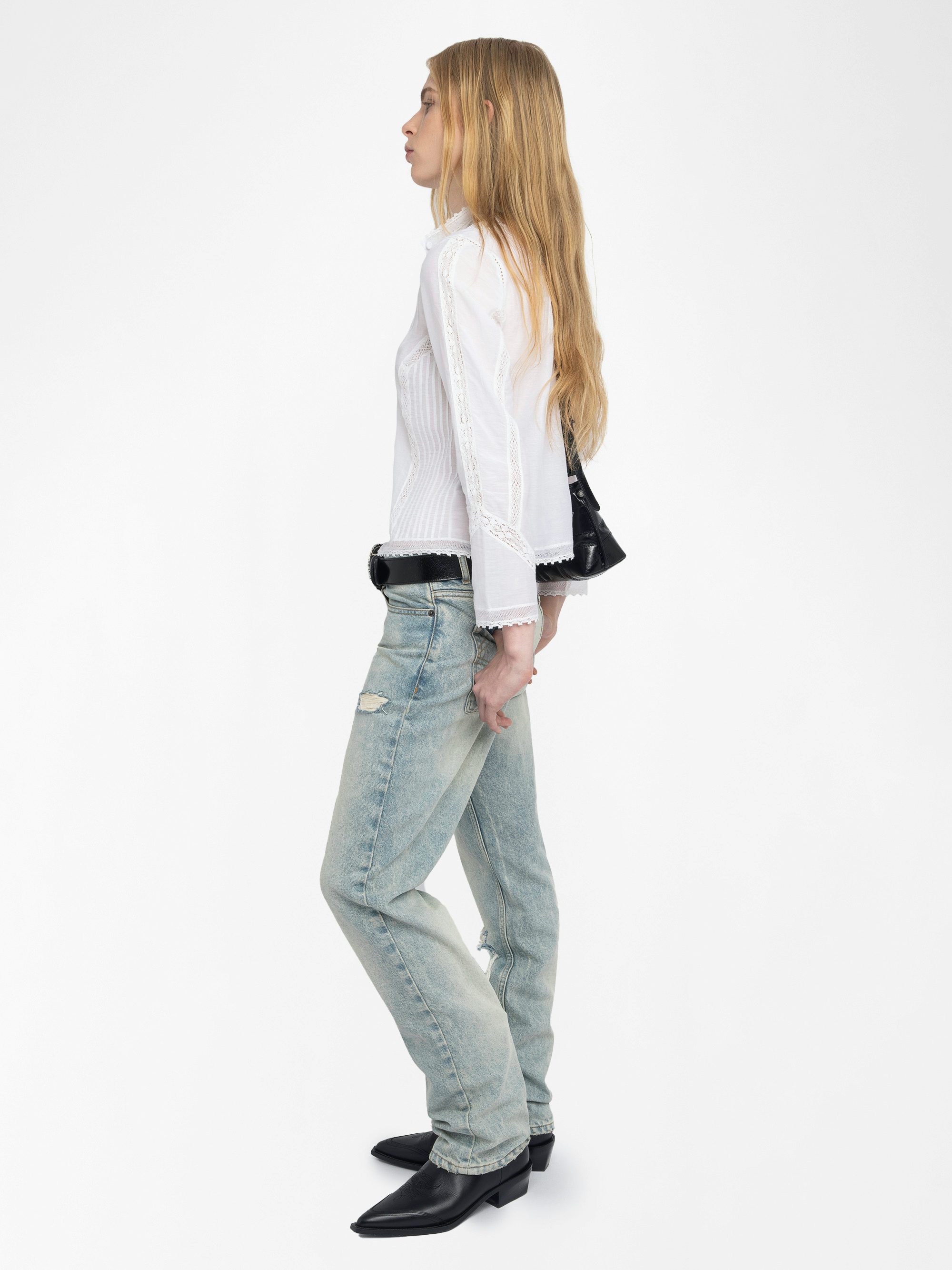 Tano Shirt - Cotton tomboy shirt with lace insert and embroidered wings on the back.